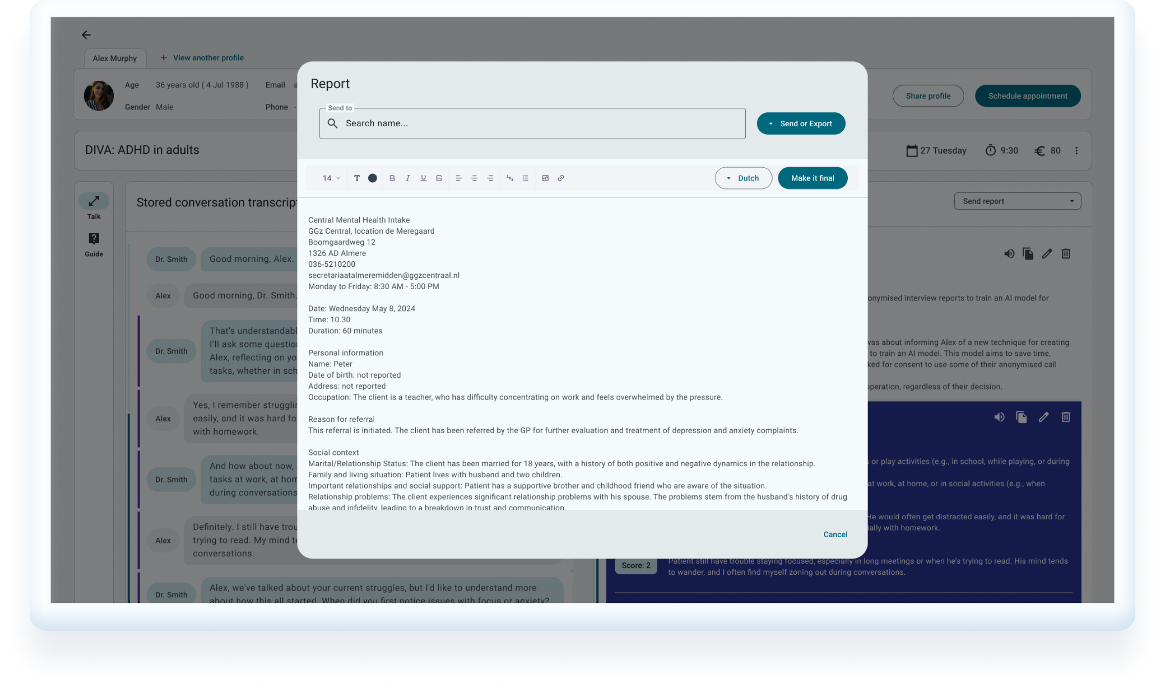 HealthTalk acute care interface showing patient profile, DIVA ADHD assessment, conversation transcript, and report generation modal with referral details