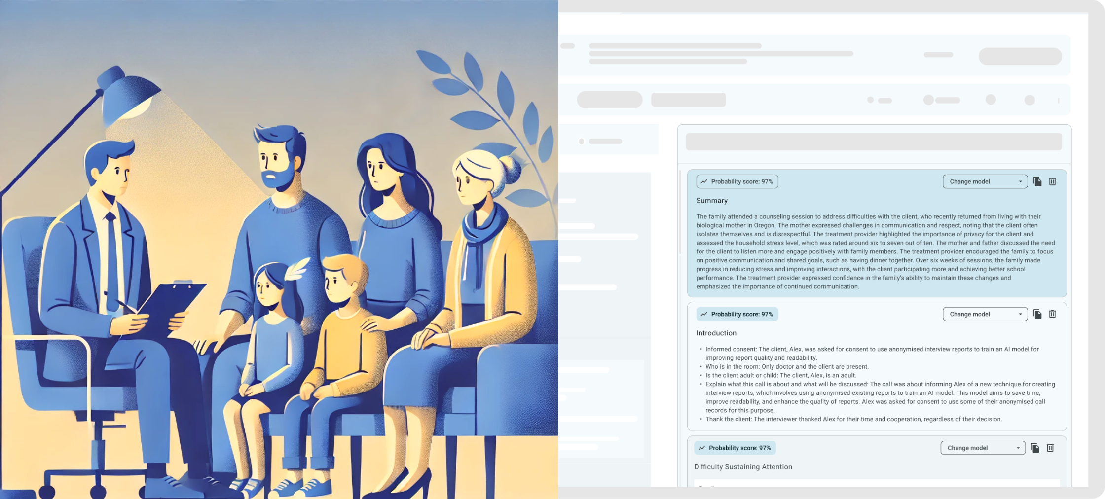 HealthTalk child care interface showing family counseling illustration and diagnostic summary with probability scores and clinical notes