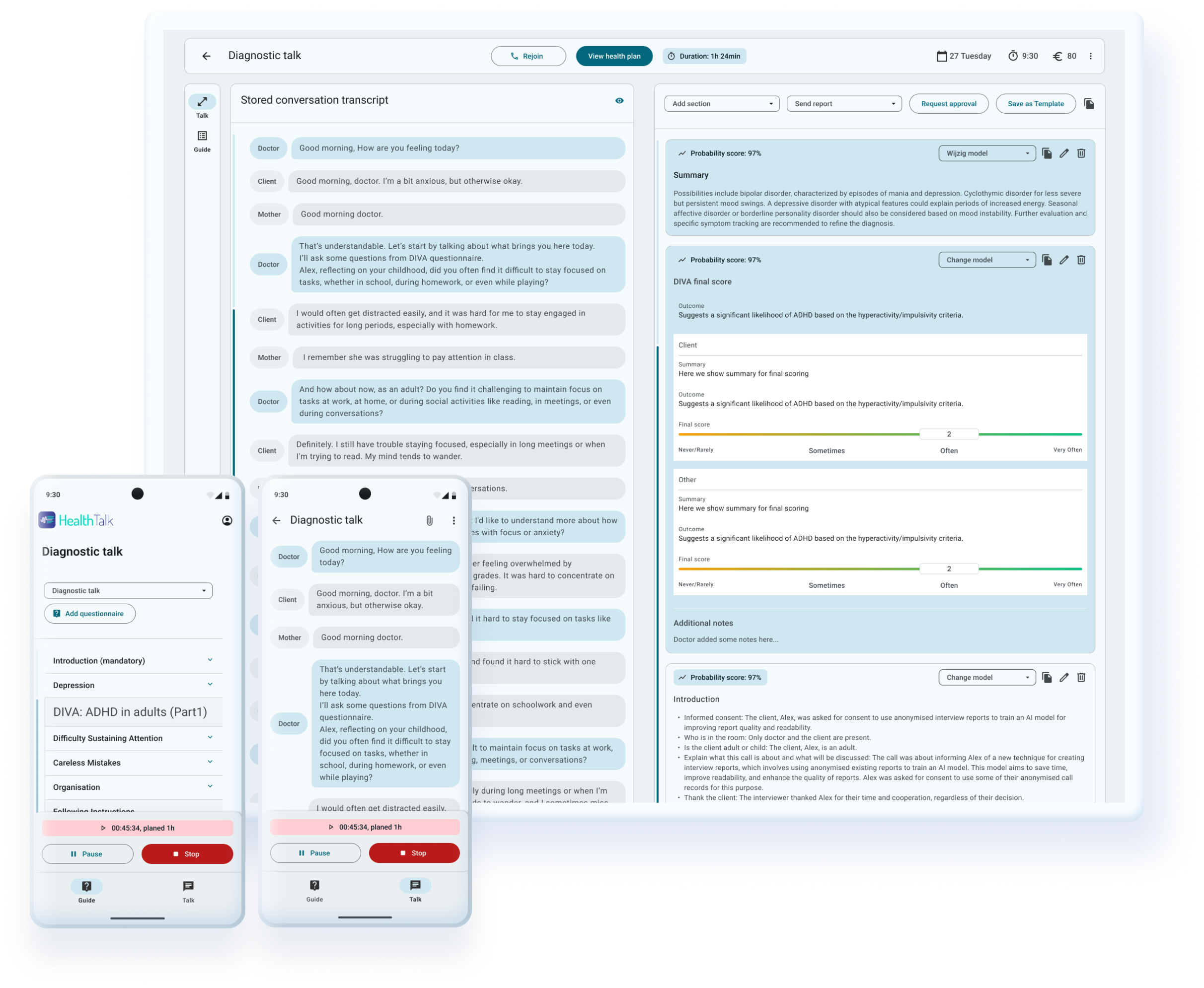 HealthTalk mental care diagnostic interface showing desktop and mobile views with conversation transcript, probability scores, DIVA assessments, and clinical summaries