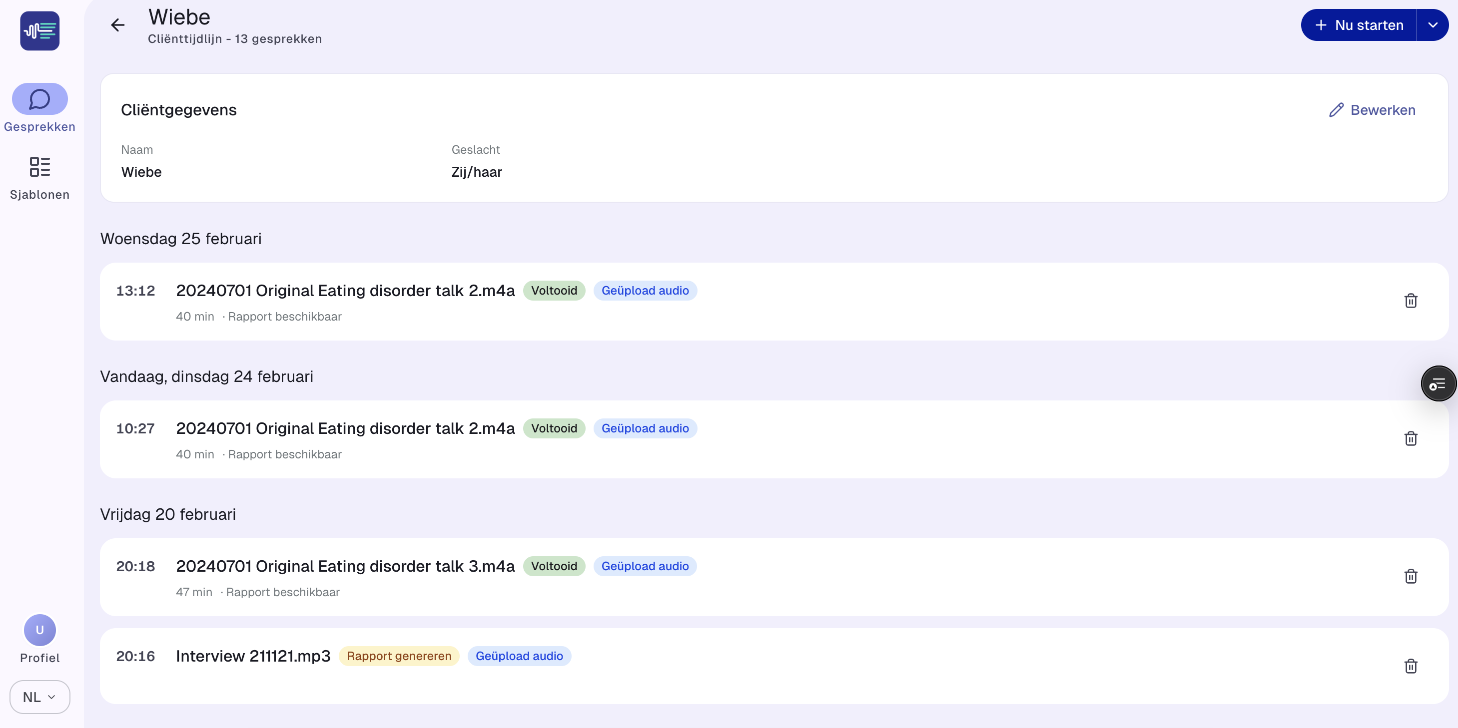 Client timeline interface showing conversation history organized by date with status badges and client details